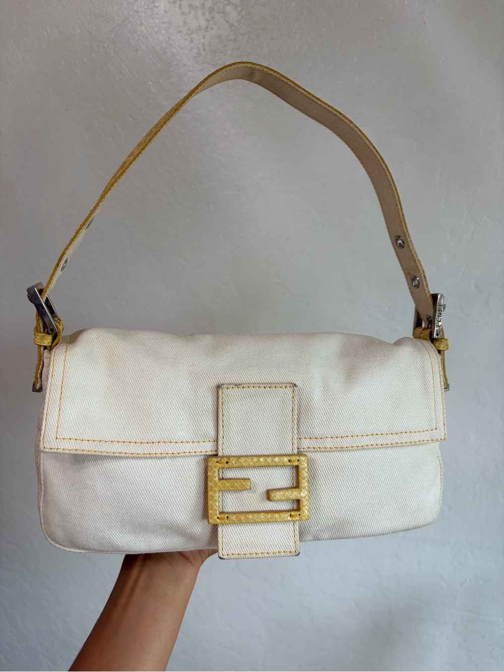 Fendi Cream and Beige Baguette Shoulder Bag with Gold Hardware